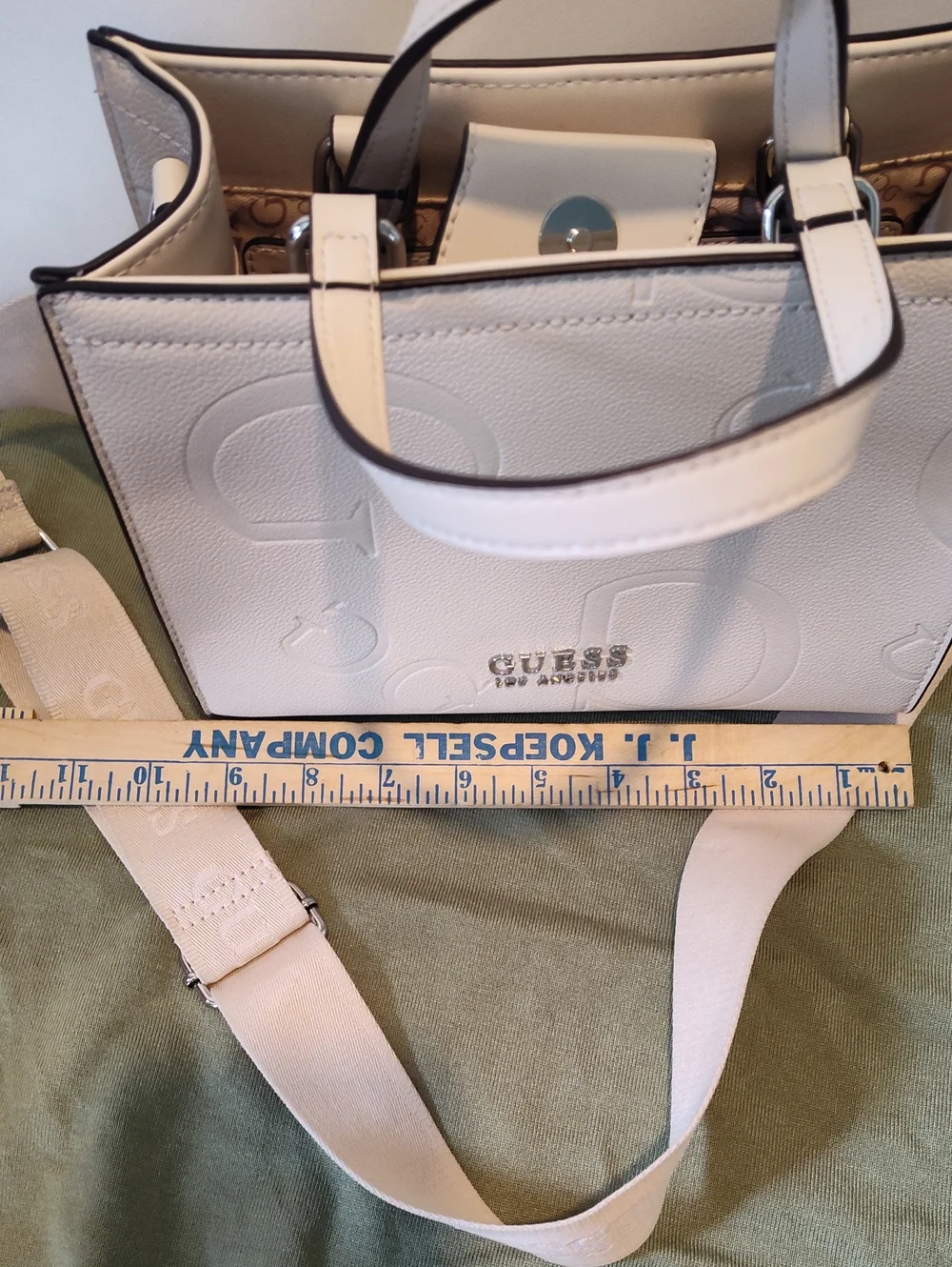 GUESS Cream Embossed Logo Satchel with Detachable Strap